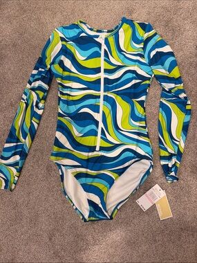 MICHAEL Michael Kors Blue, Teal & Lime Wave-Print Long-Sleeve One-Piece